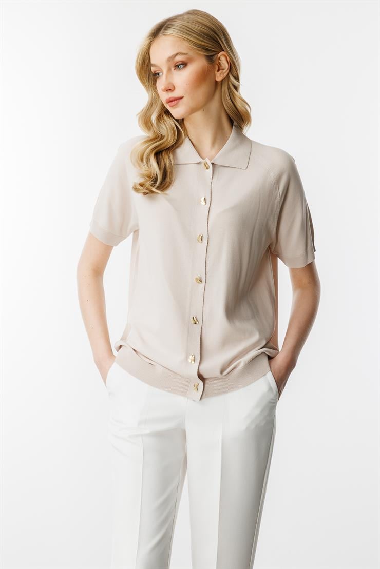 Polo Yaka Kısa Kol  Triko Hırka-Vizon