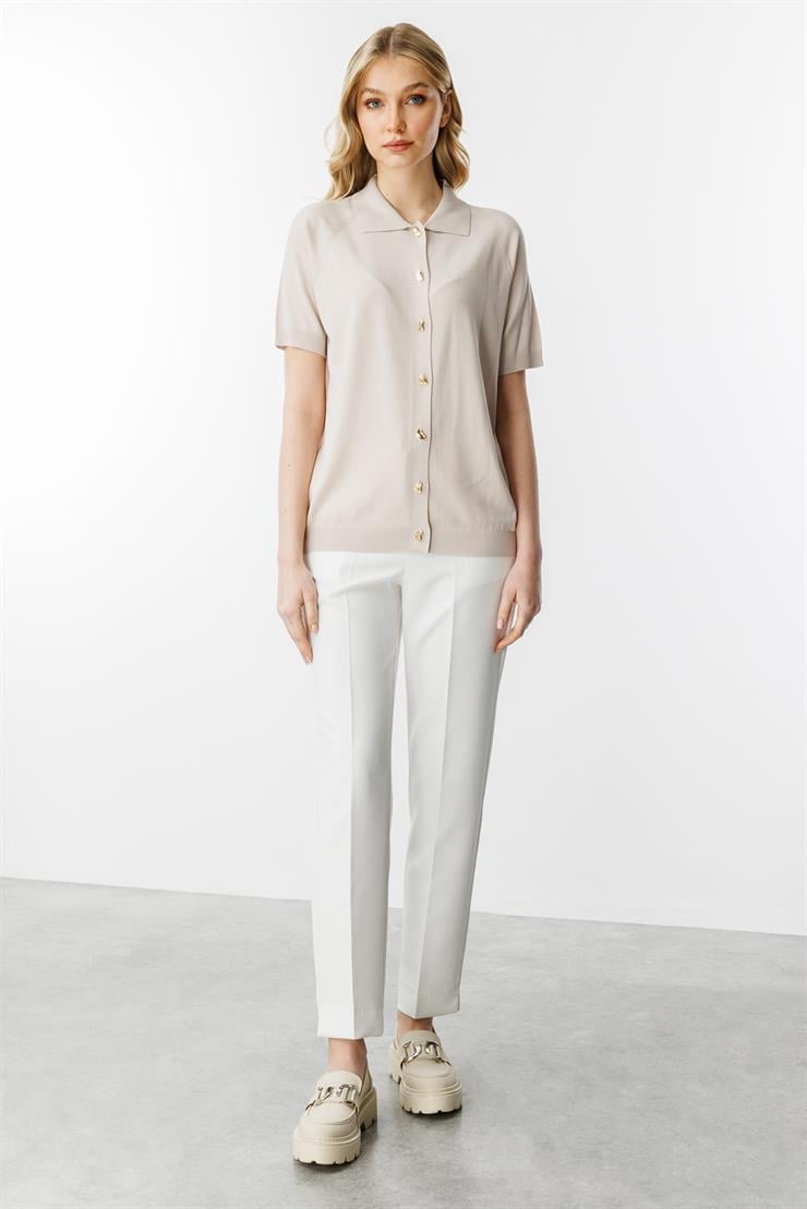 Polo Yaka Kısa Kol  Triko Hırka-Vizon