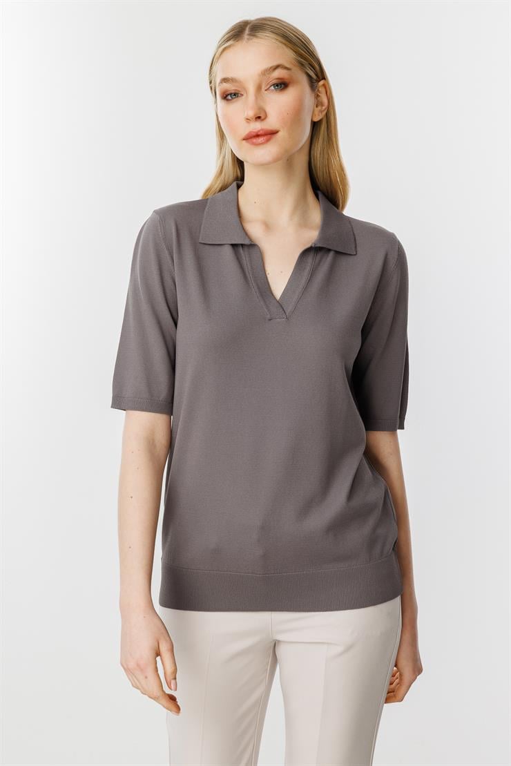 Polo Yaka Kısa Kol Triko Bluz-Fume