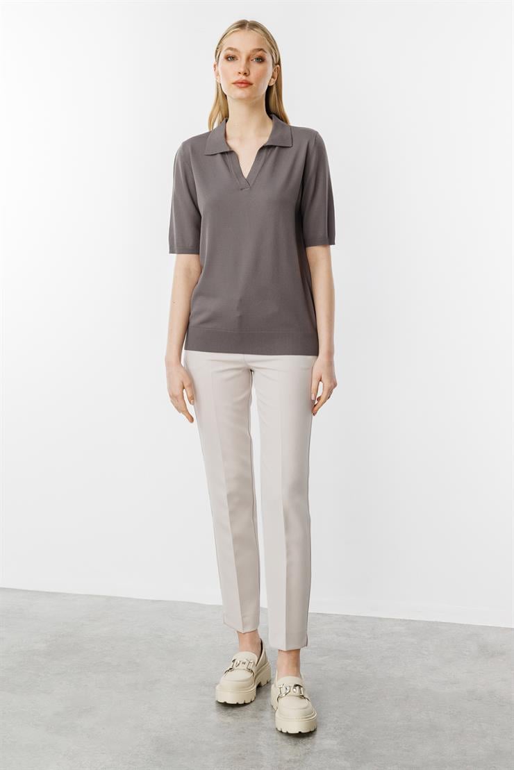 Polo Yaka Kısa Kol Triko Bluz-Fume