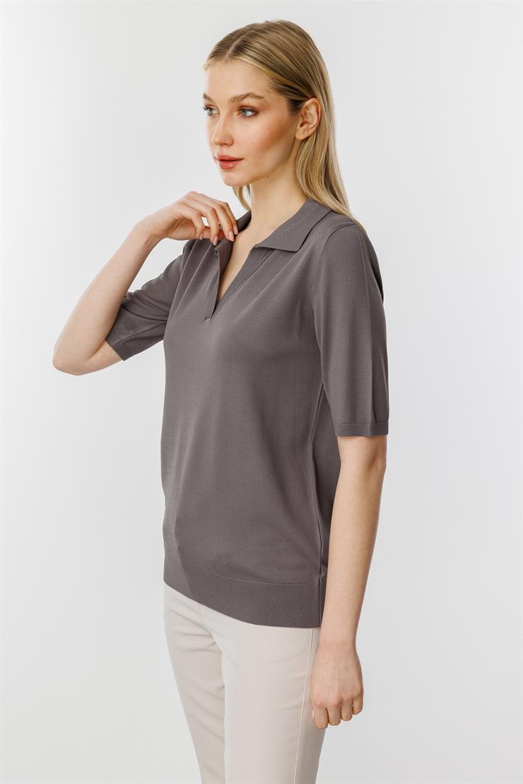 Polo Yaka Kısa Kol Triko Bluz-Fume