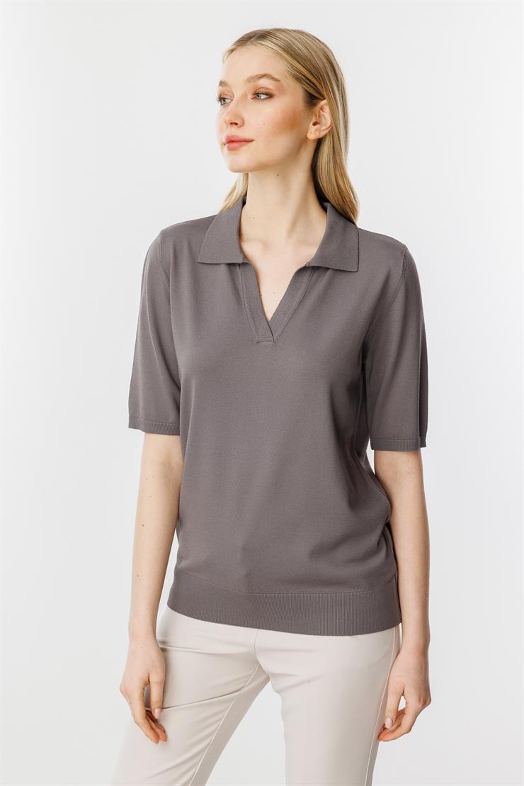 Polo Yaka Kısa Kol Triko Bluz-Fume