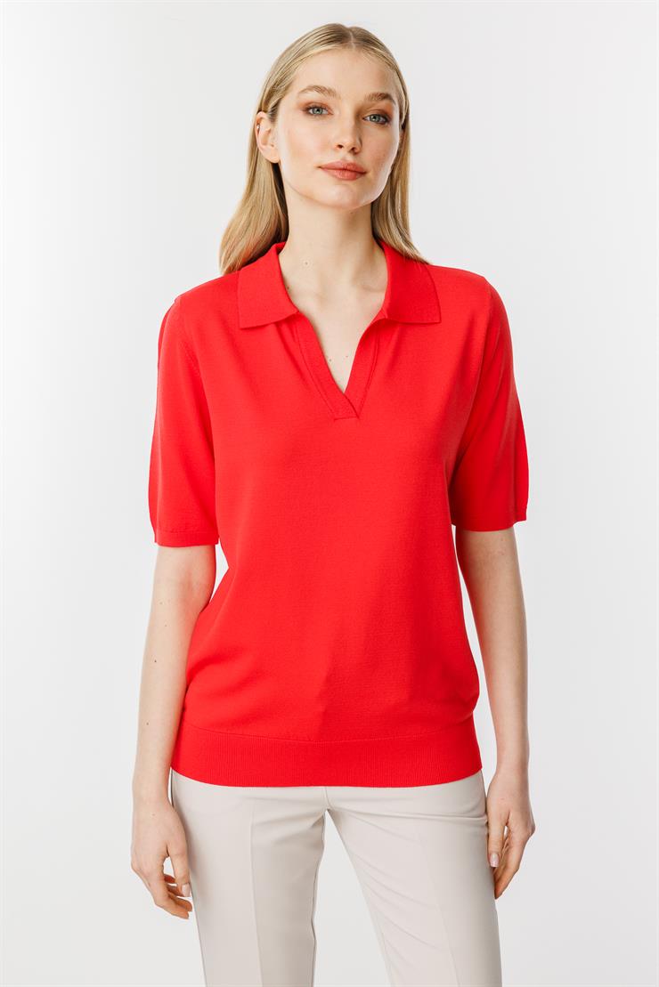 Polo Yaka Kısa Kol Triko Bluz-Kırmızı