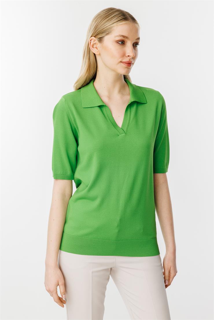 Polo Yaka Kısa Kol Triko Bluz-Yesil