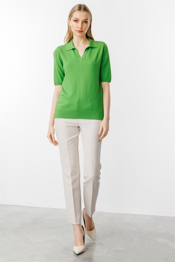 Polo Yaka Kısa Kol Triko Bluz-Yesil