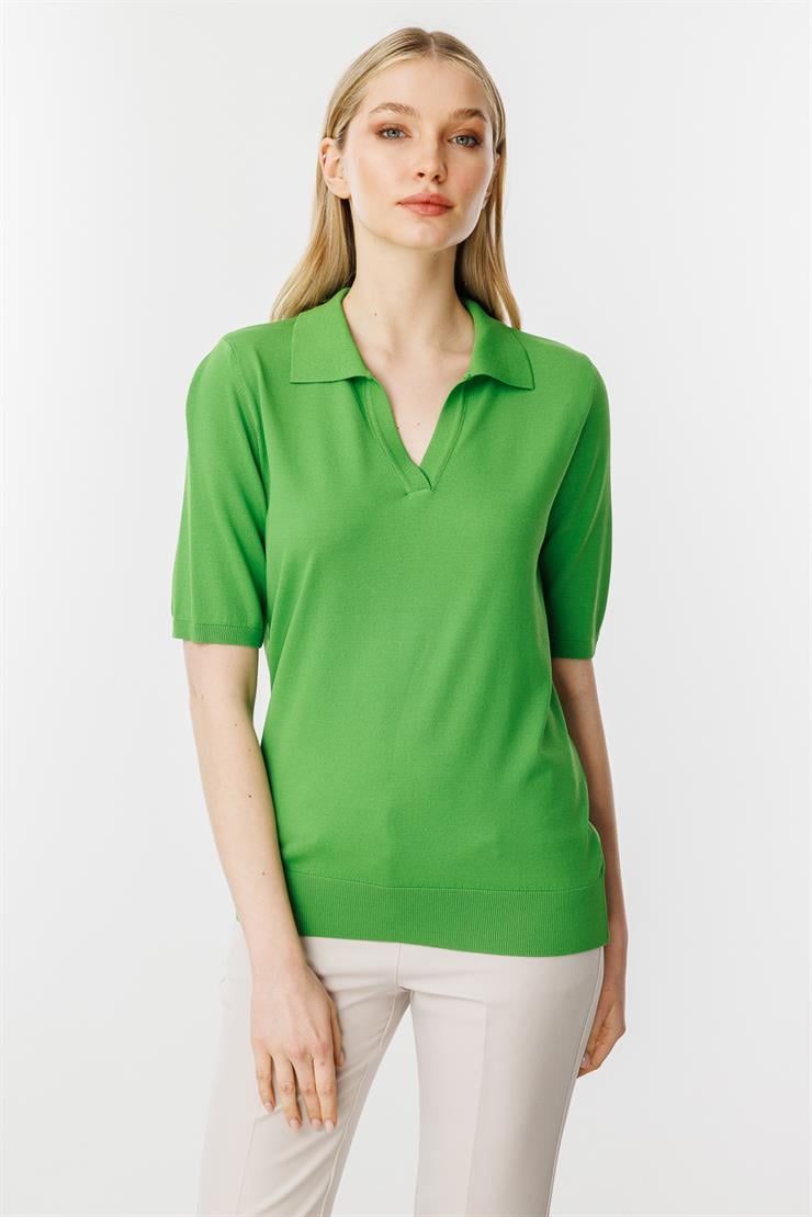 Polo Yaka Kısa Kol Triko Bluz-Yesil