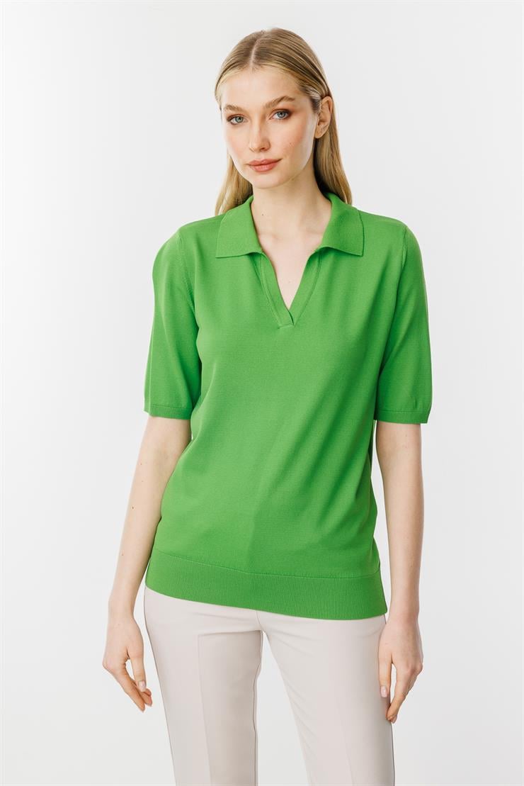 Polo Yaka Kısa Kol Triko Bluz-Yesil