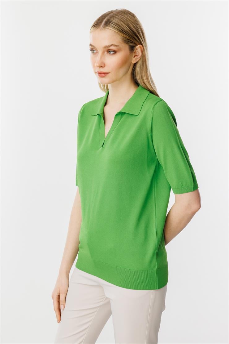 Polo Yaka Kısa Kol Triko Bluz-Yesil