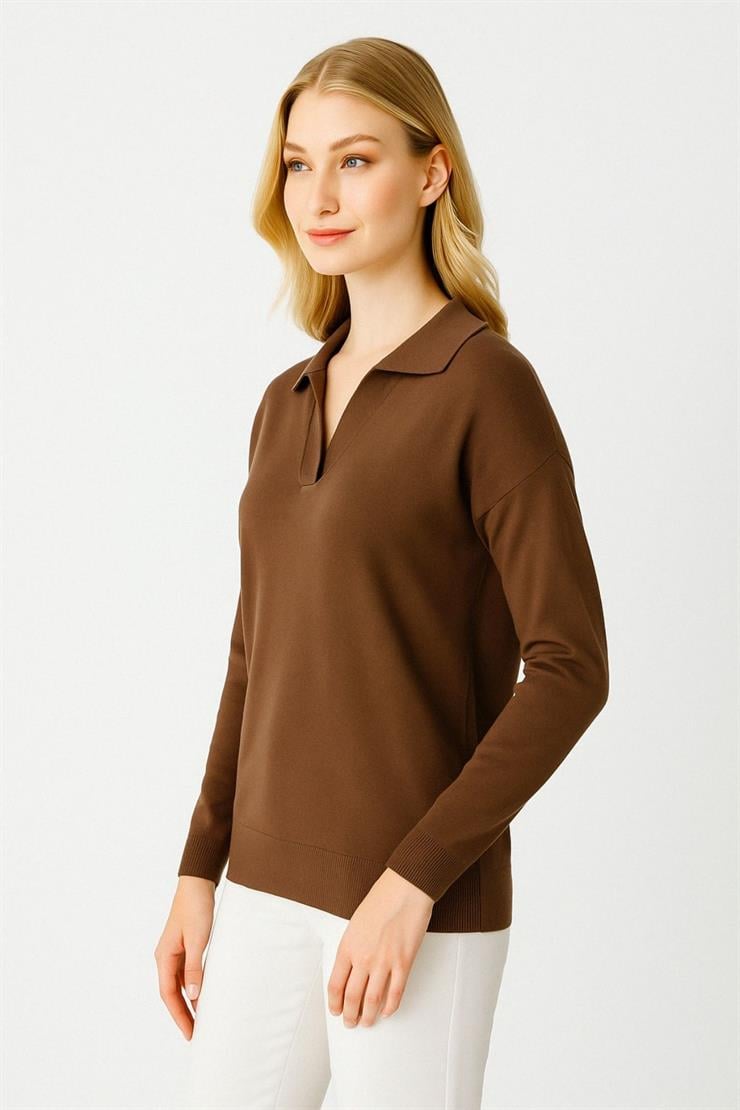 Polo Yaka Uzun Kollu Triko Bluz-Kahve