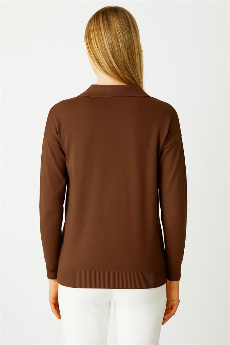 Polo Yaka Uzun Kollu Triko Bluz-Kahve