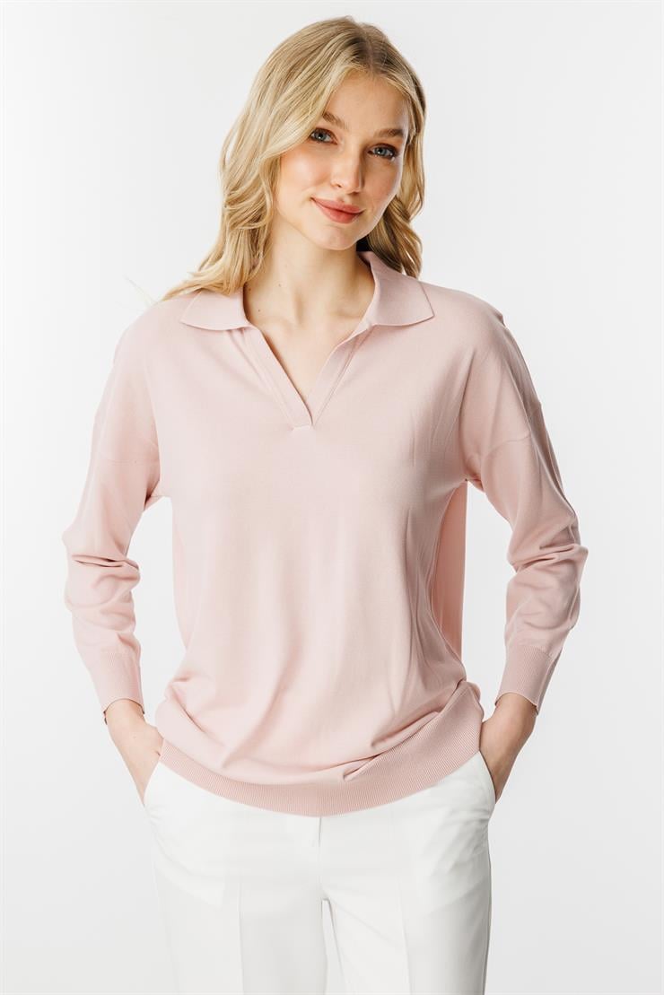 Polo Yaka Uzun Kollu Triko Bluz-Pudra