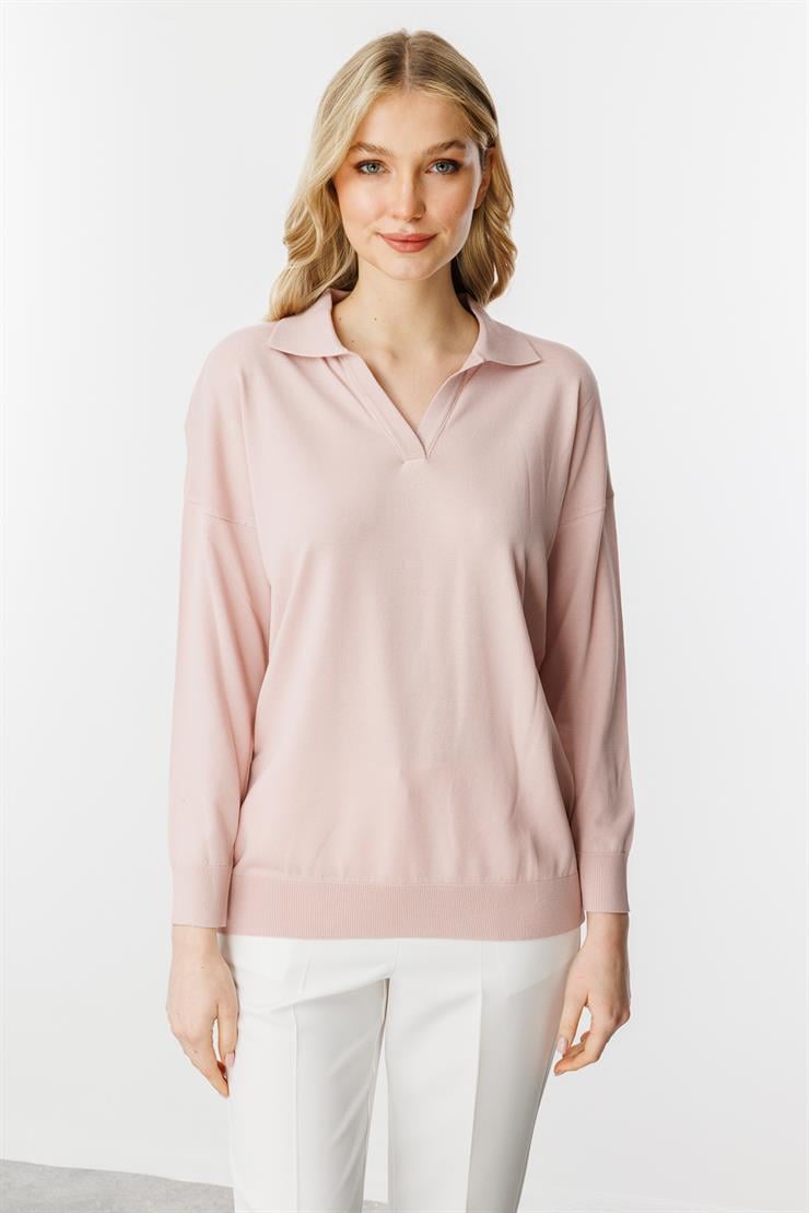 Polo Yaka Uzun Kollu Triko Bluz-Pudra
