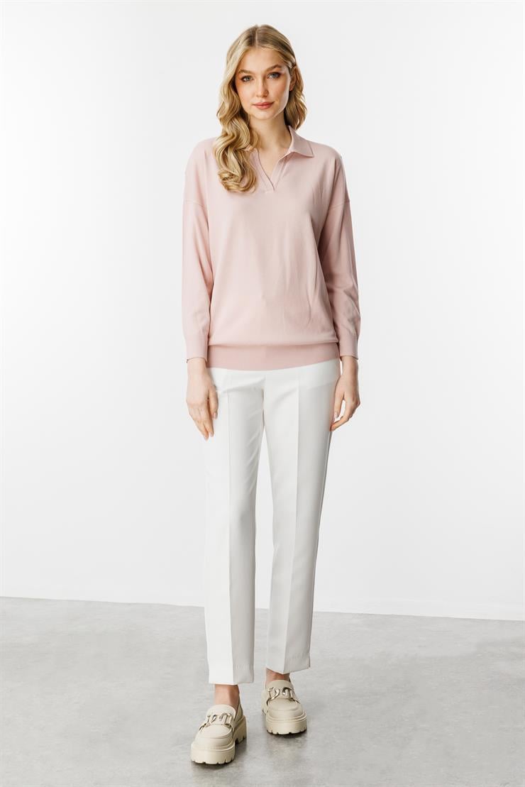 Polo Yaka Uzun Kollu Triko Bluz-Pudra