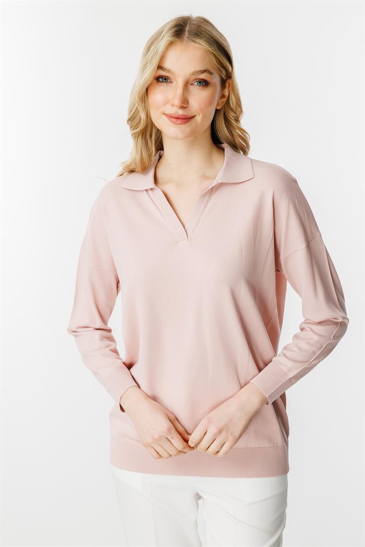 Polo Yaka Uzun Kollu Triko Bluz-Pudra