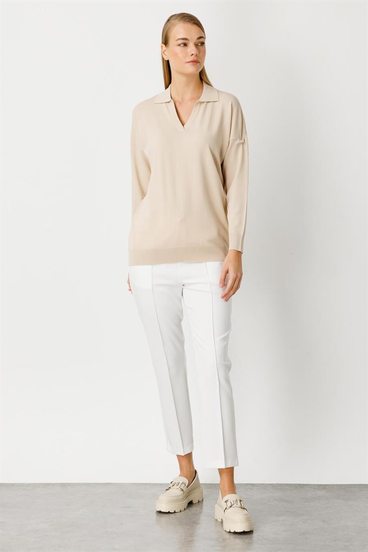 Polo Yaka Uzun Kollu Triko Bluz-Taş