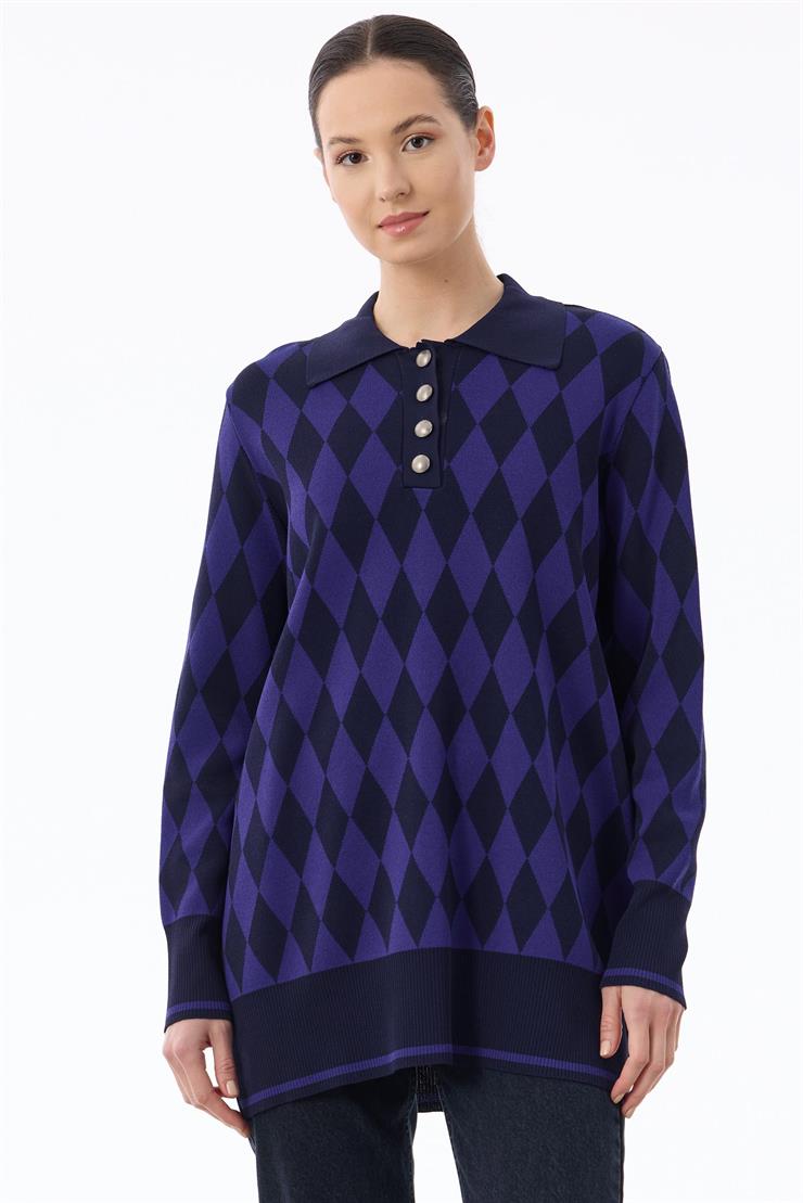 Polo Yakalı Baklava Desenli Tunik LACİ-SAKS