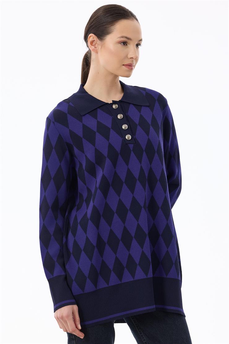 Polo Yakalı Baklava Desenli Tunik LACİ-SAKS