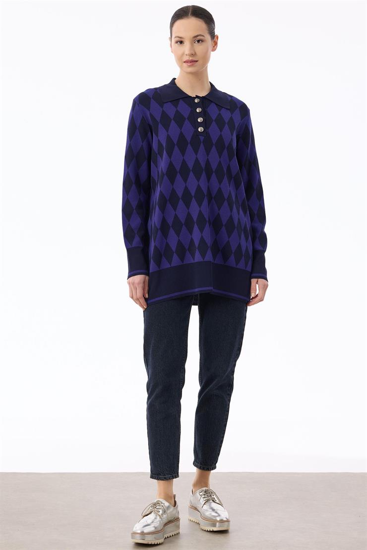 Polo Yakalı Baklava Desenli Tunik LACİ-SAKS