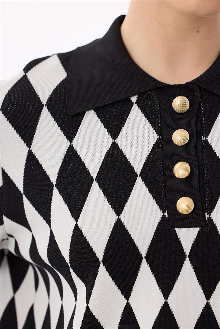 Polo Yakalı Baklava Desenli Tunik SİYAH-EKRU