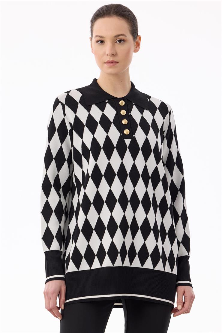 Polo Yakalı Baklava Desenli Tunik SİYAH-EKRU