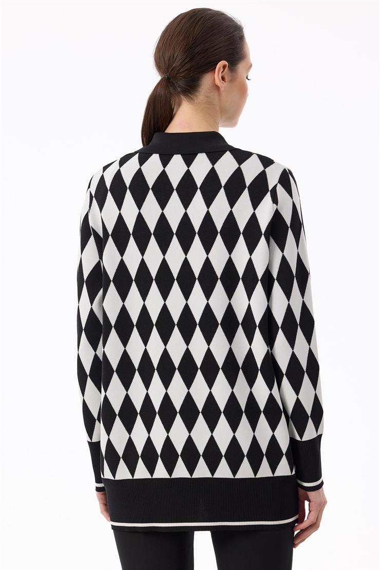 Polo Yakalı Baklava Desenli Tunik SİYAH-EKRU