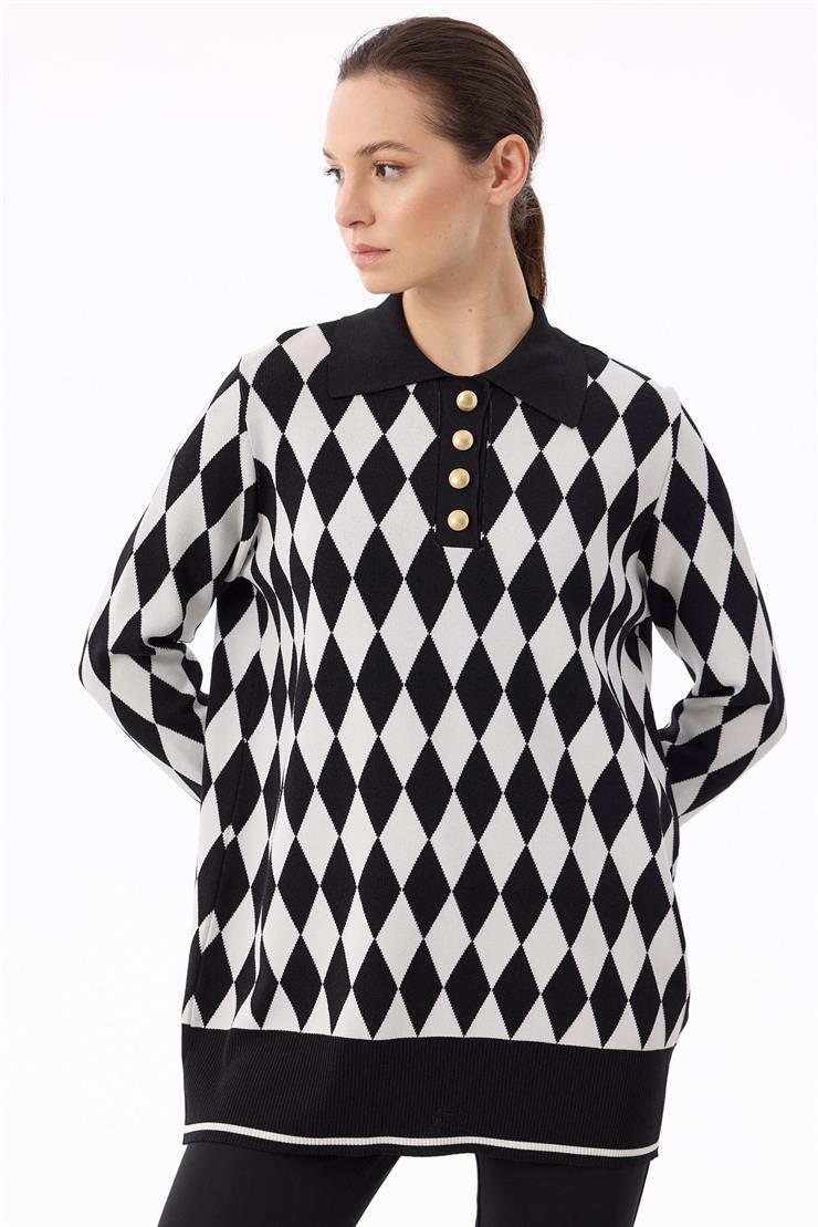 Polo Yakalı Baklava Desenli Tunik SİYAH-EKRU