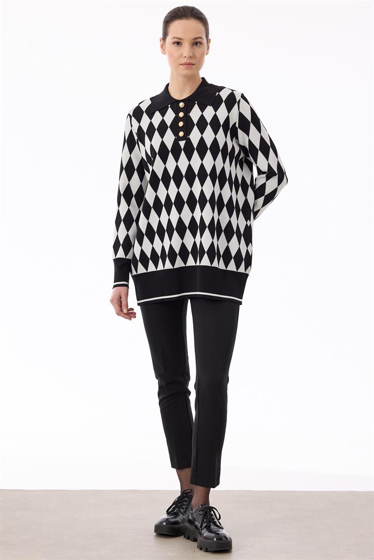 Polo Yakalı Baklava Desenli Tunik SİYAH-EKRU