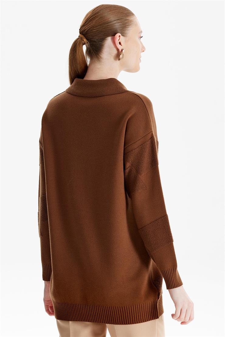 Polo Yakalı Kabartma Örgülü Triko Tunik KAHVE