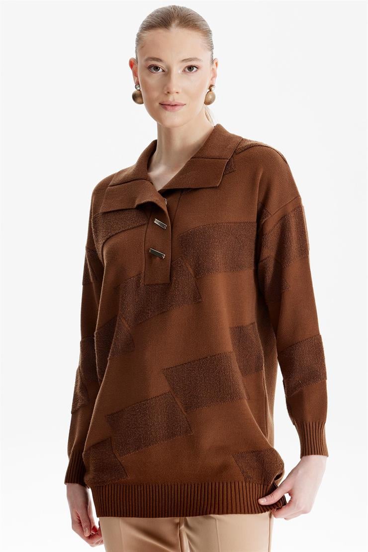 Polo Yakalı Kabartma Örgülü Triko Tunik KAHVE