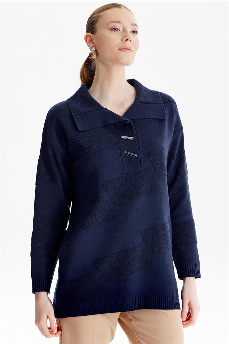 Polo Yakalı Kabartma Örgülü Triko Tunik LACİVERT