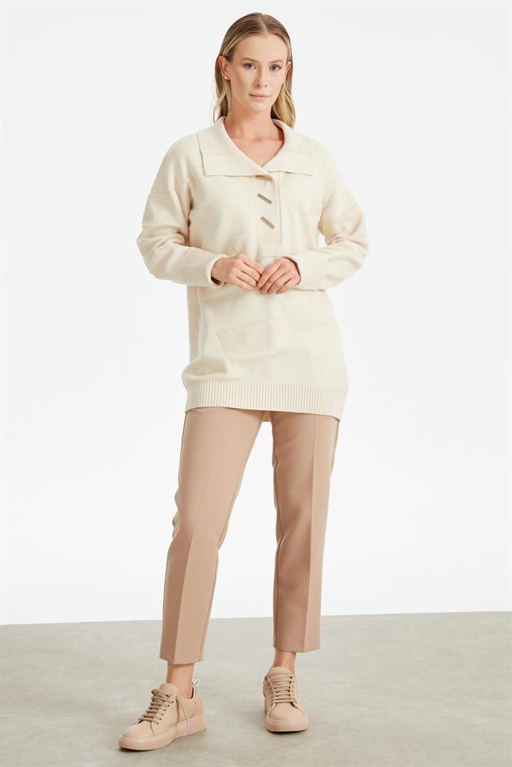 Polo Yakalı Kabartma Örgülü Triko Tunik VANİLYA