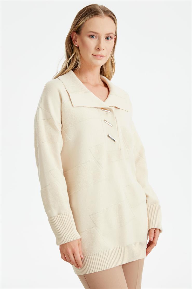 Polo Yakalı Kabartma Örgülü Triko Tunik VANİLYA