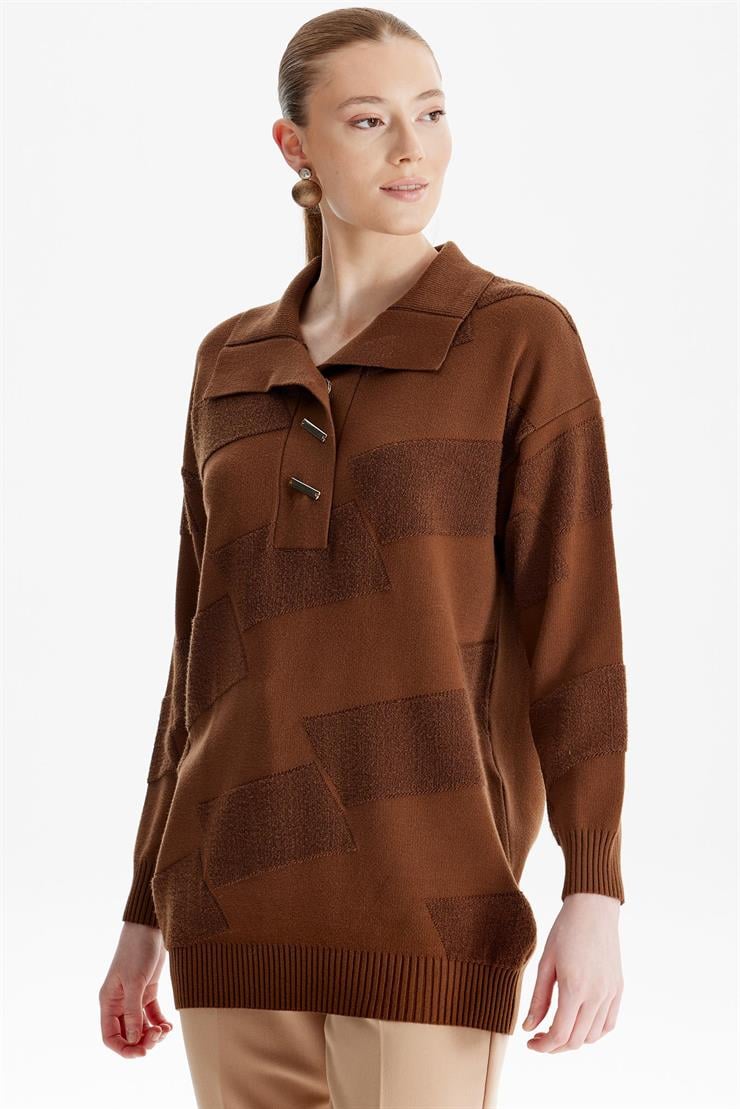 Polo Yakalı Kabartma Örgülü Triko Tunik KAHVE