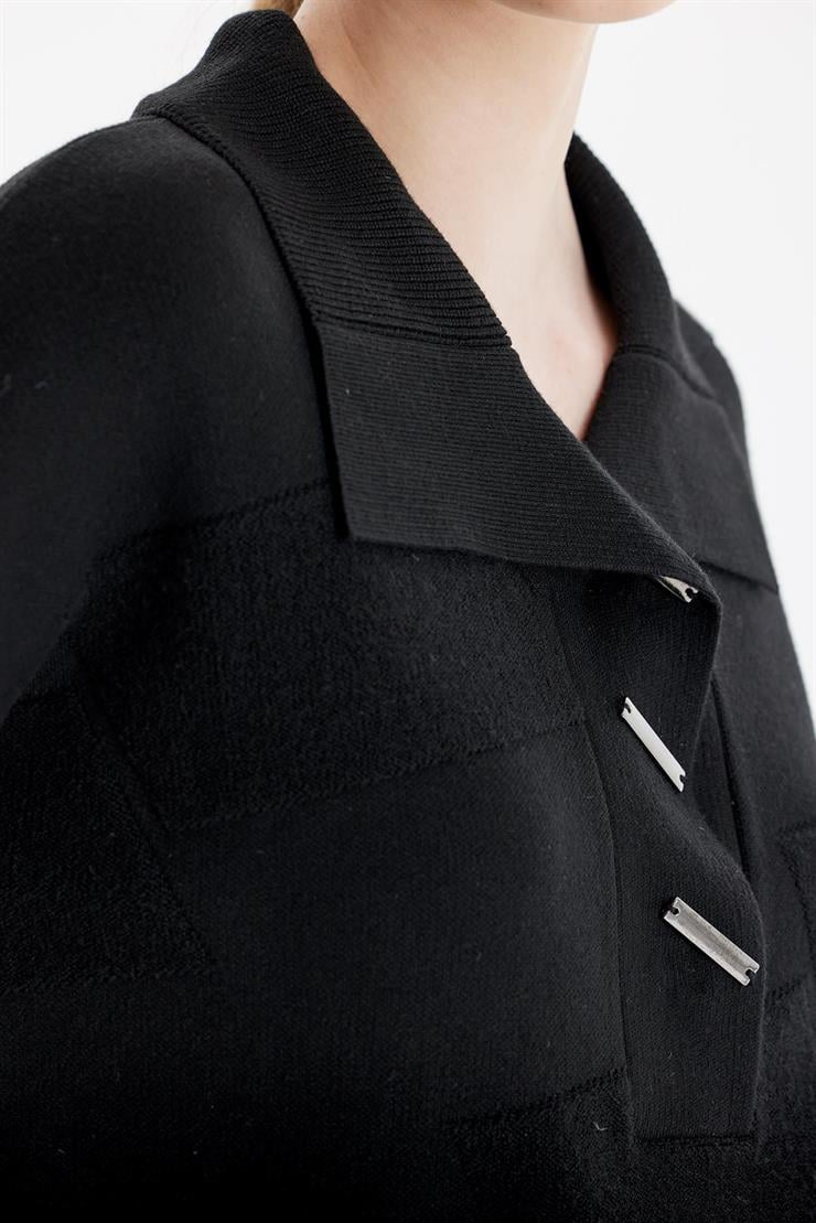 Polo Yakalı Kabartma Örgülü Triko Tunik SİYAH