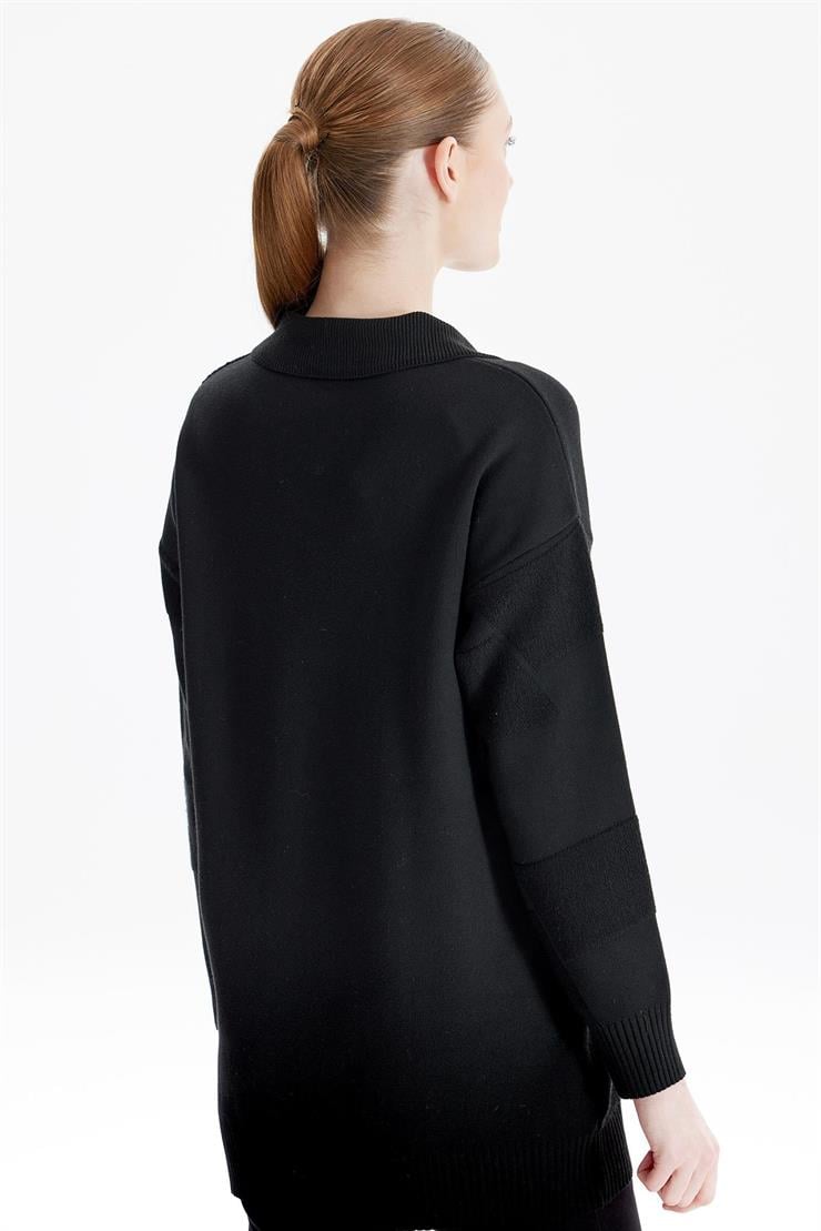 Polo Yakalı Kabartma Örgülü Triko Tunik SİYAH