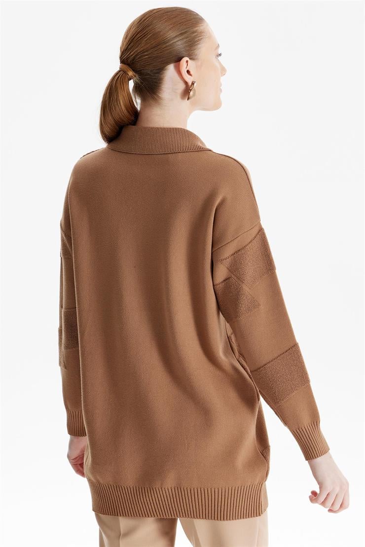 Polo Yakalı Kabartma Örgülü Triko Tunik CAMEL