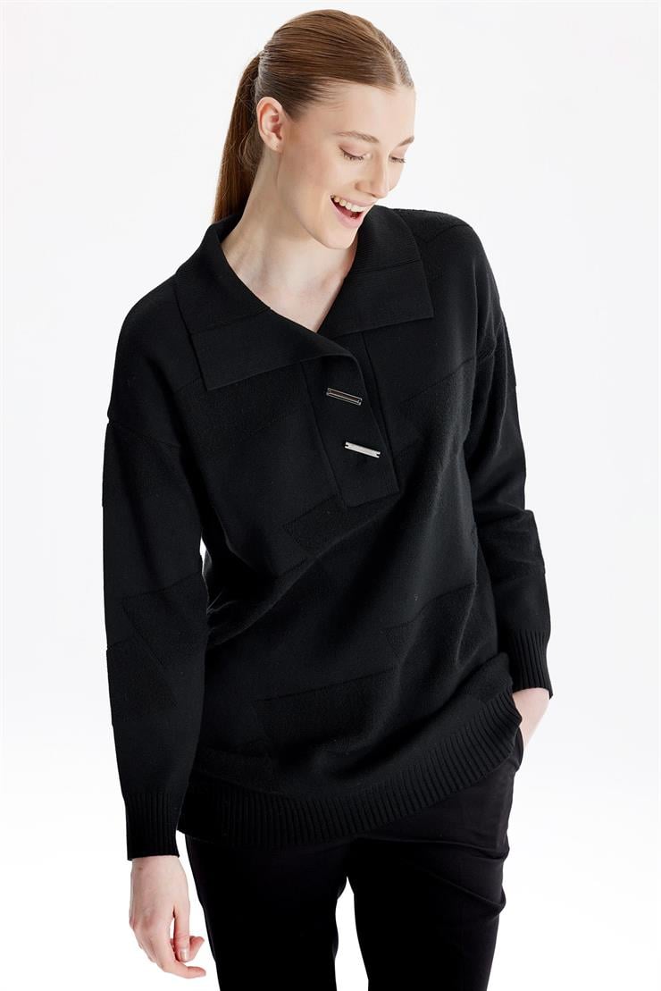 Polo Yakalı Kabartma Örgülü Triko Tunik SİYAH