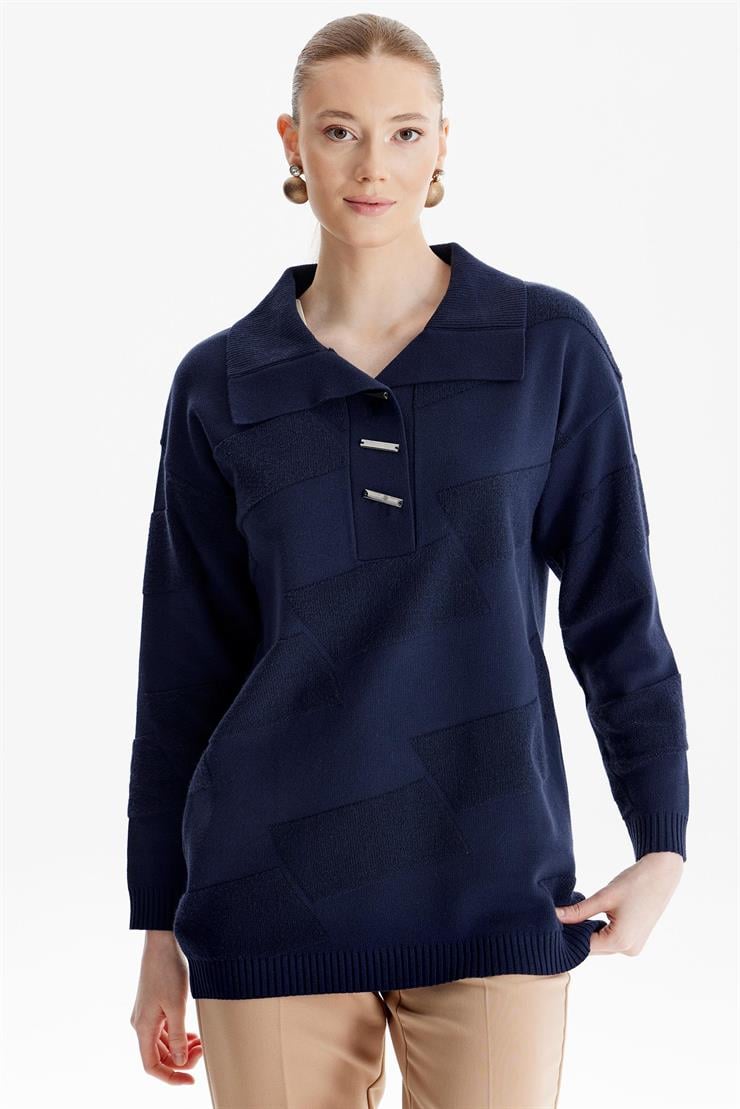 Polo Yakalı Kabartma Örgülü Triko Tunik LACİVERT