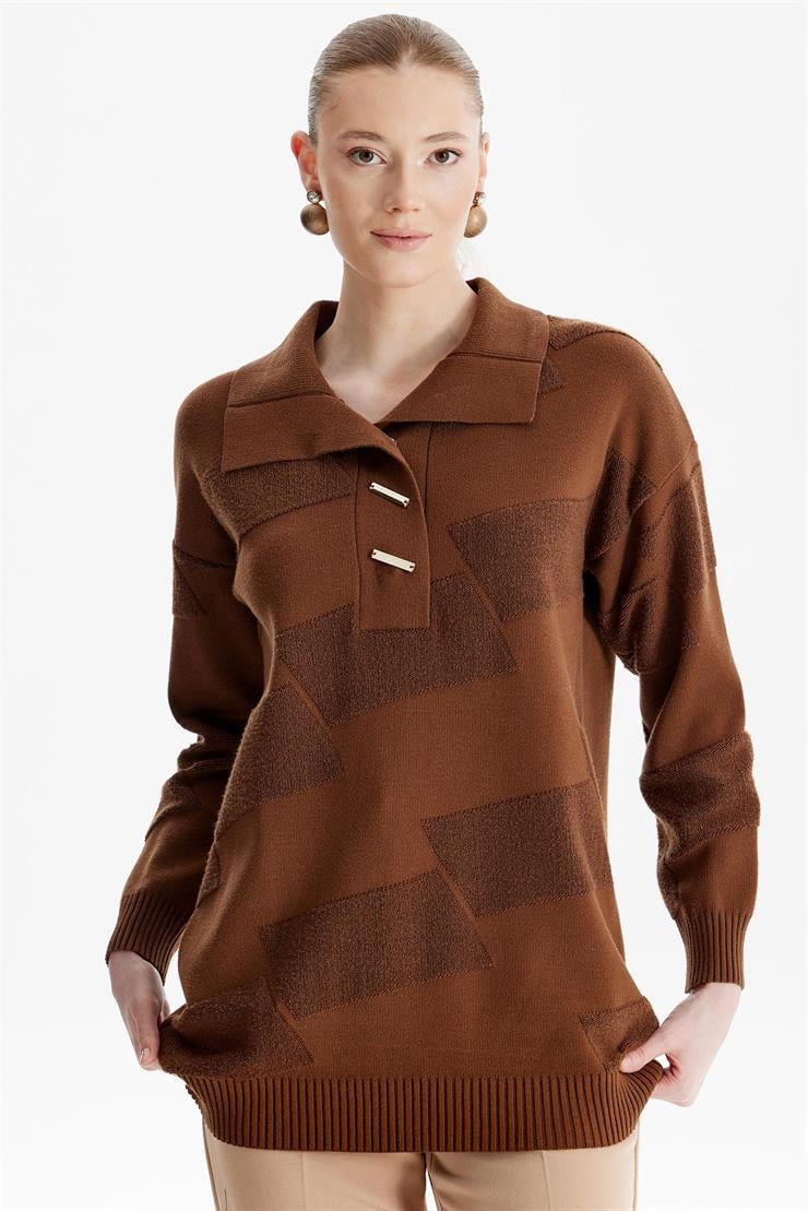 Polo Yakalı Kabartma Örgülü Triko Tunik KAHVE