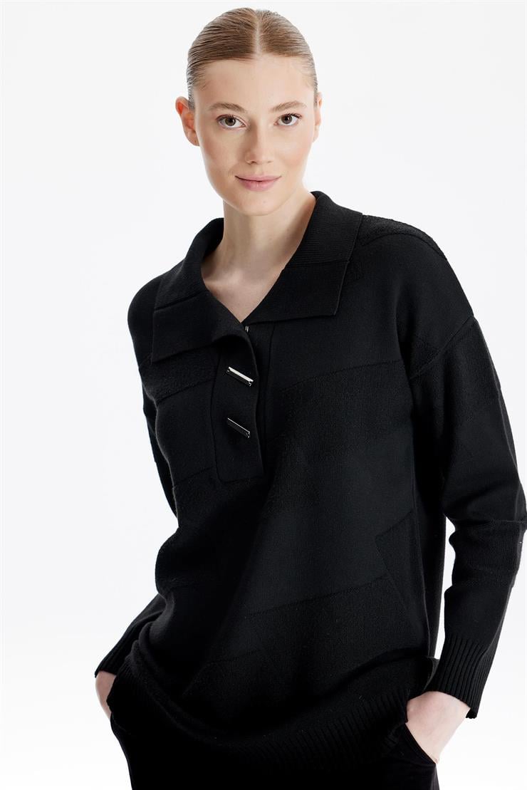 Polo Yakalı Kabartma Örgülü Triko Tunik SİYAH