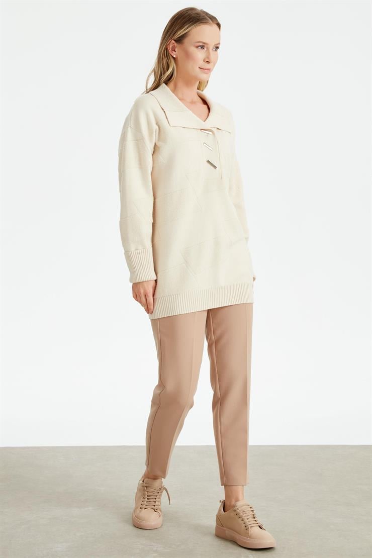 Polo Yakalı Kabartma Örgülü Triko Tunik VANİLYA