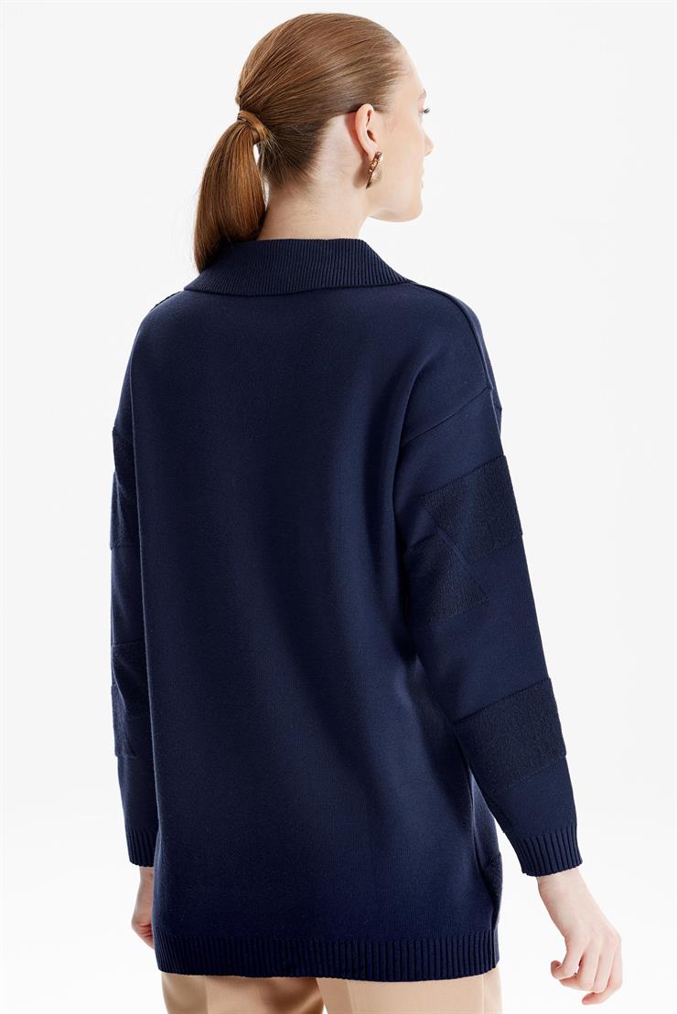 Polo Yakalı Kabartma Örgülü Triko Tunik LACİVERT