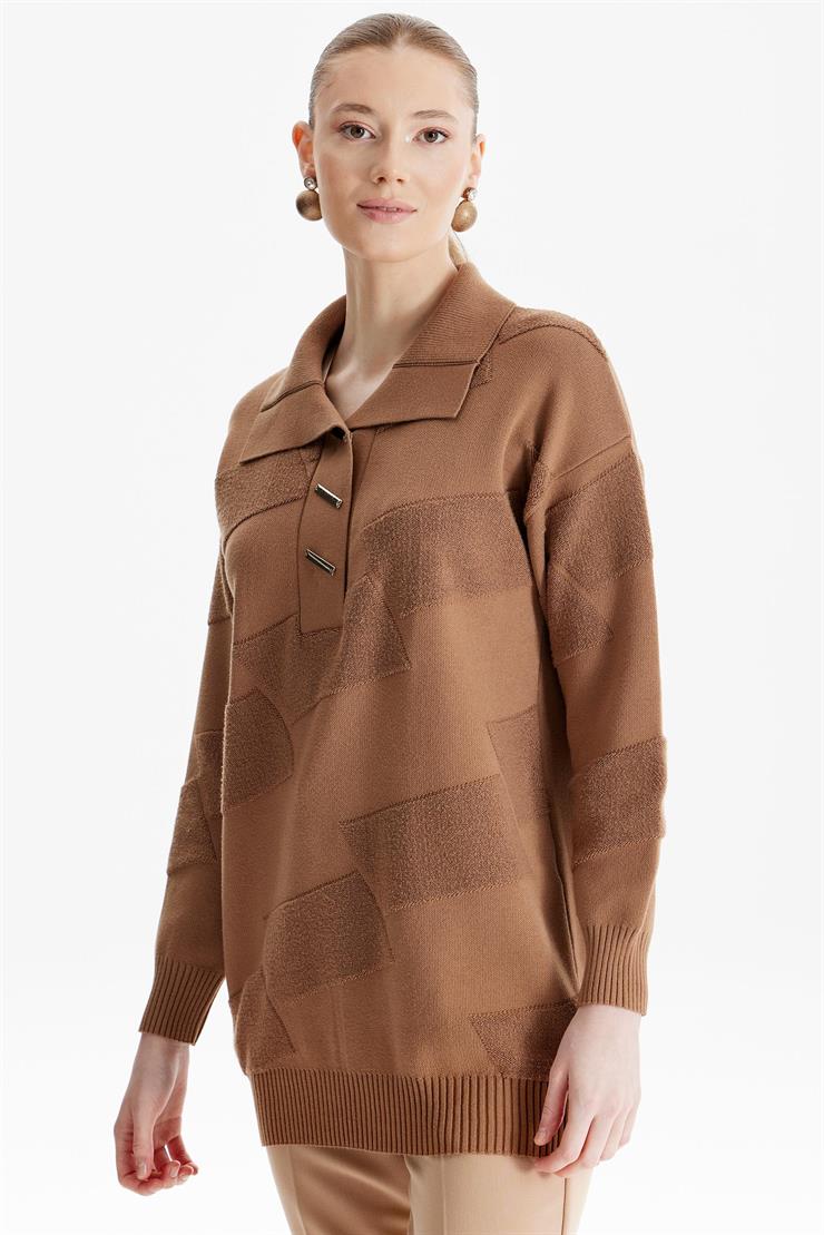 Polo Yakalı Kabartma Örgülü Triko Tunik CAMEL
