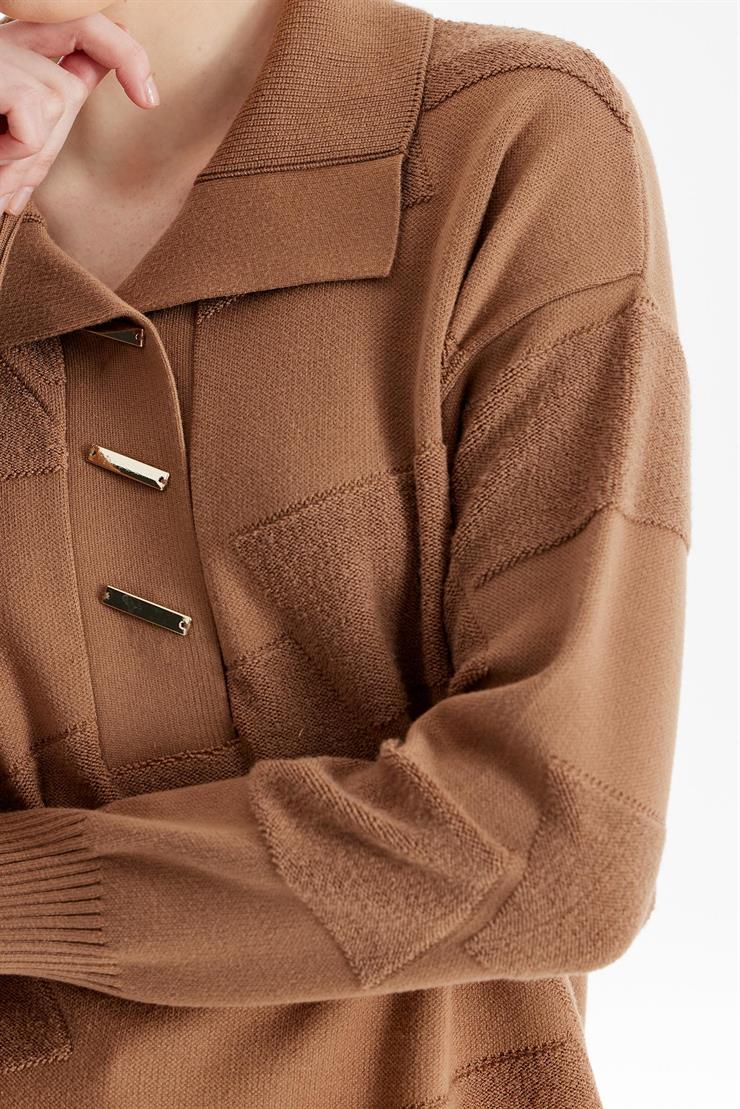 Polo Yakalı Kabartma Örgülü Triko Tunik CAMEL