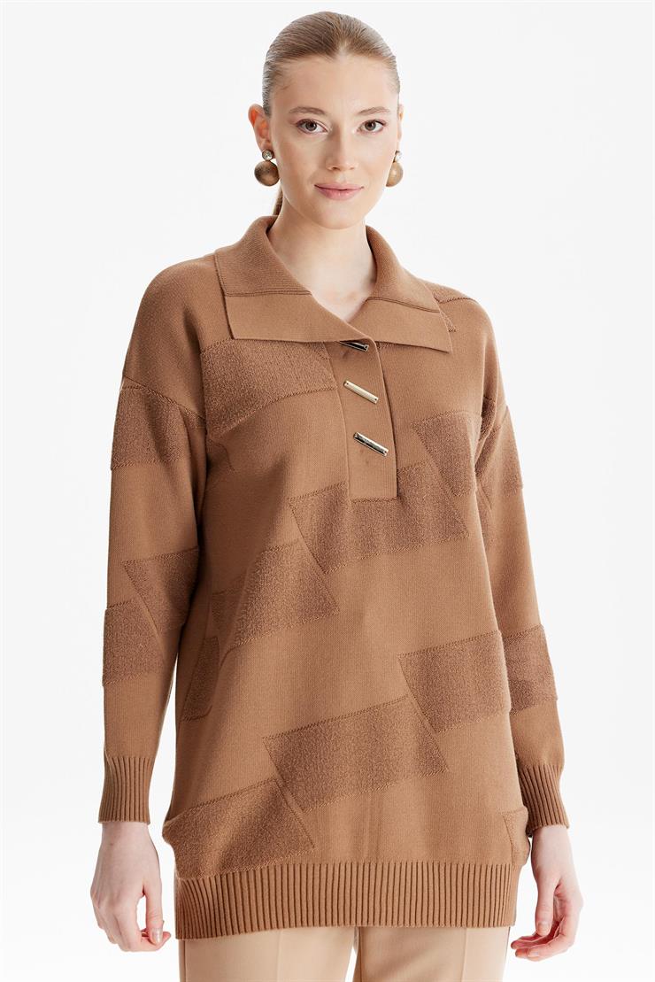 Polo Yakalı Kabartma Örgülü Triko Tunik CAMEL