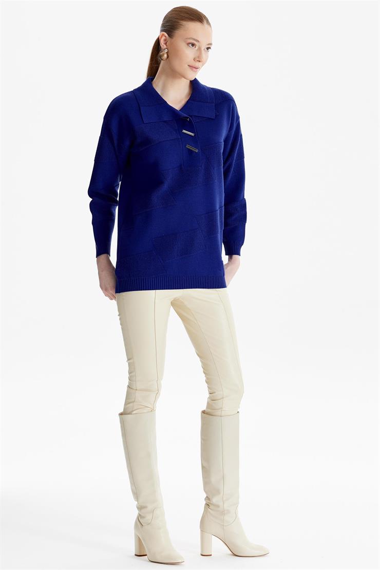 Polo Yakalı Kabartma Örgülü Triko Tunik SAKS