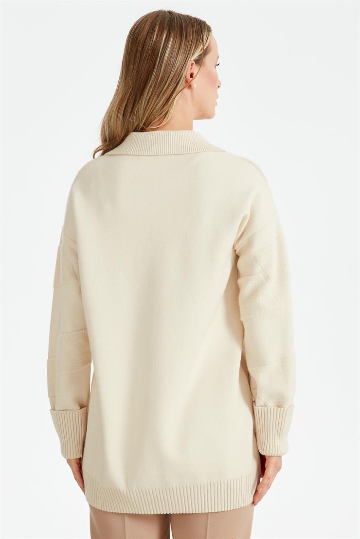Polo Yakalı Kabartma Örgülü Triko Tunik VANİLYA