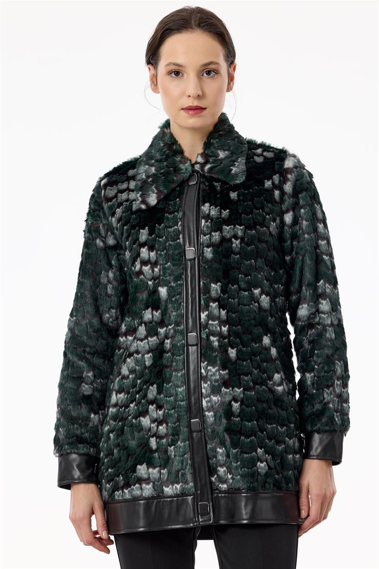 Polo Yakalı Önden Çıtçıtlı Kürk Mont YEŞİL