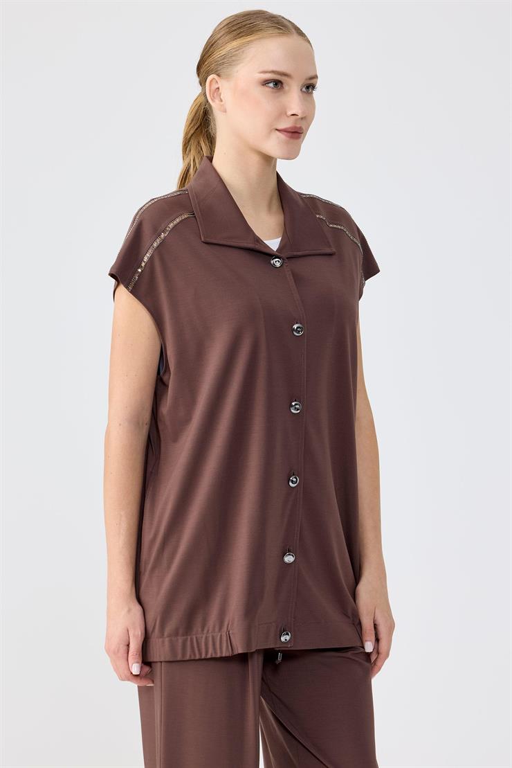 Pul şerit Detaylı Yelek Paça Pensli Pantolon Takım KAHVE