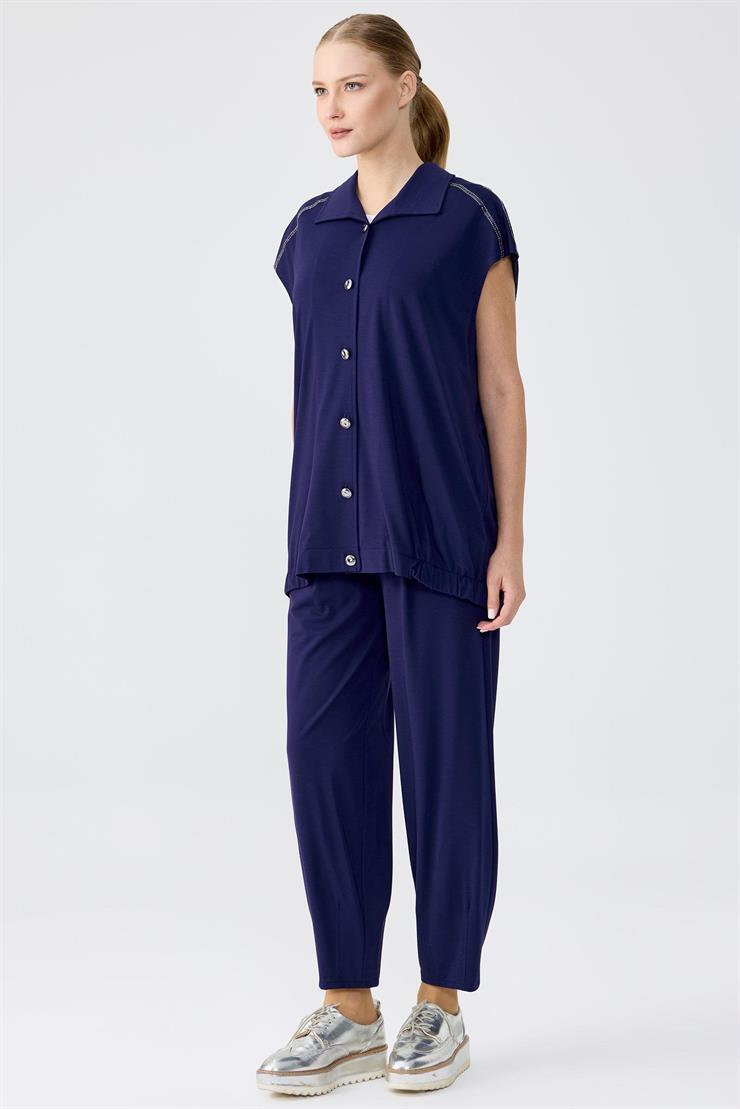 Pul şerit Detaylı Yelek Paça Pensli Pantolon Takım LACİVERT